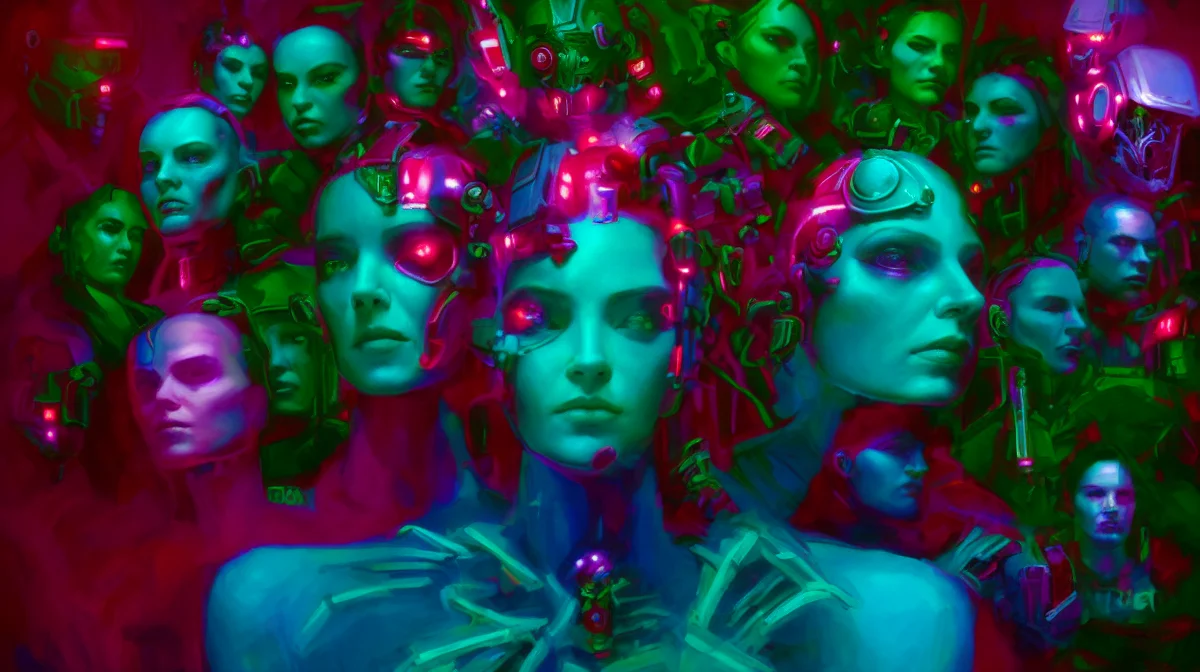 AI-generated illustration of multiple overlapping cyborg faces in dark blue and purple tones, suggesting layered persona representations
