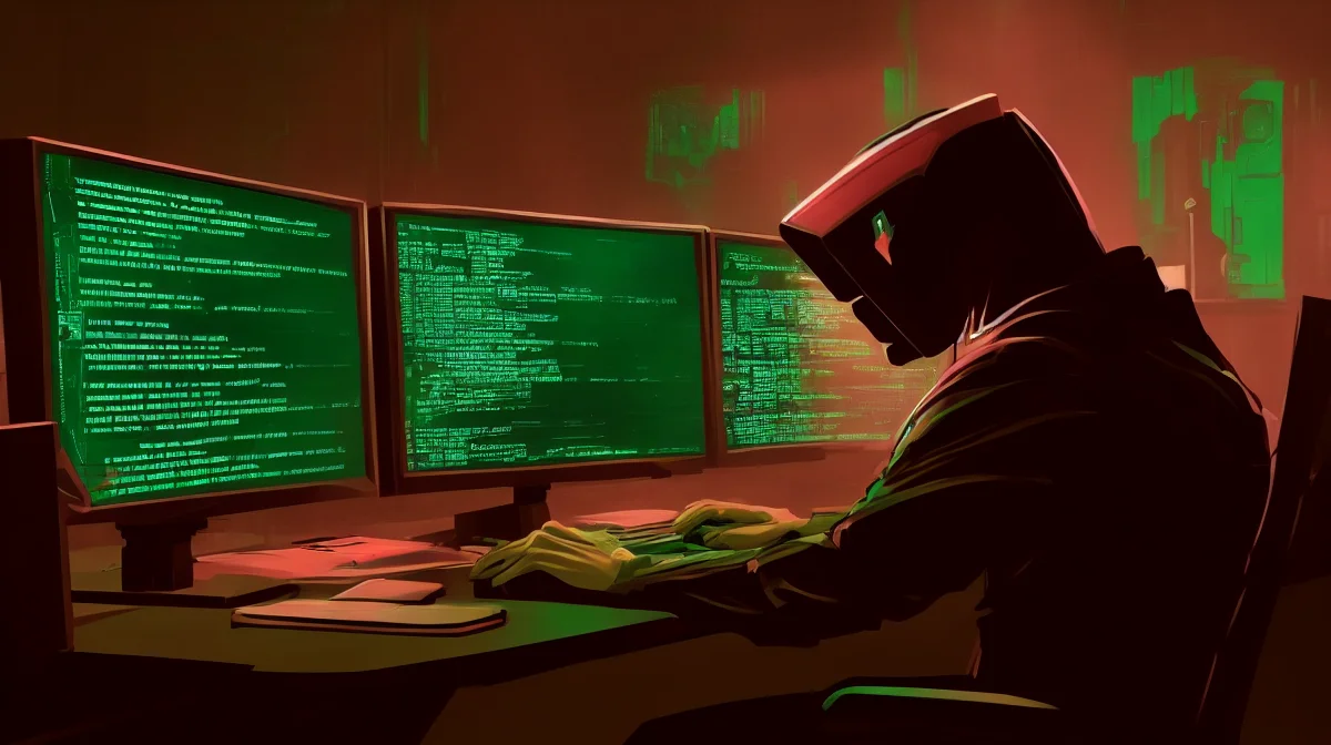 scifi concept art of futuristic hacker sitting at a desk with three green terminals