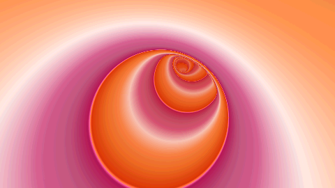 Curved raymarched tunnel in pink, white, and orange